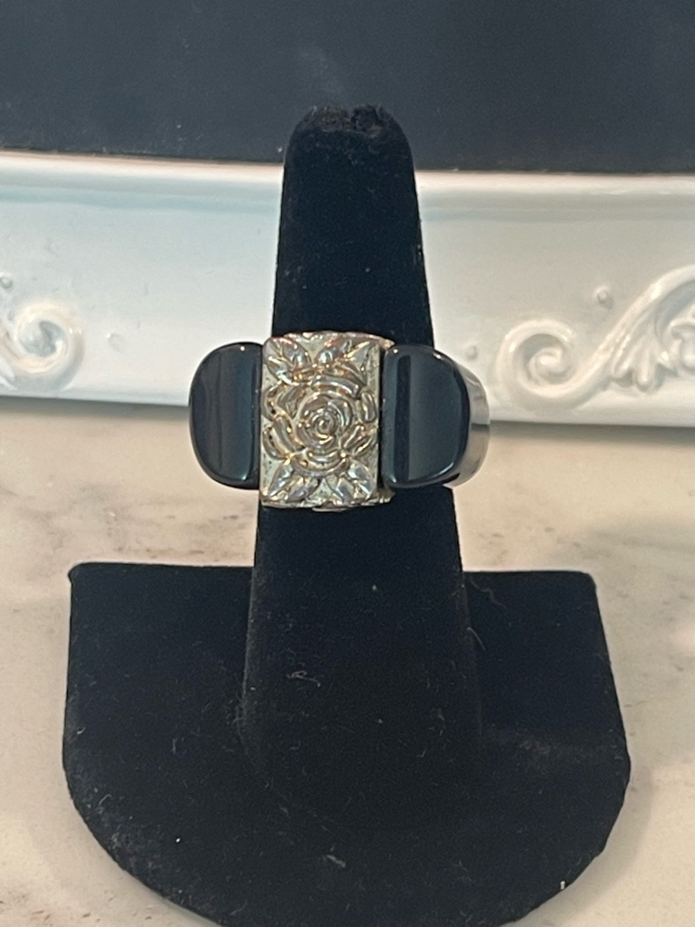 Vintage Chunky Black Resin Ring Gold Rose Statement